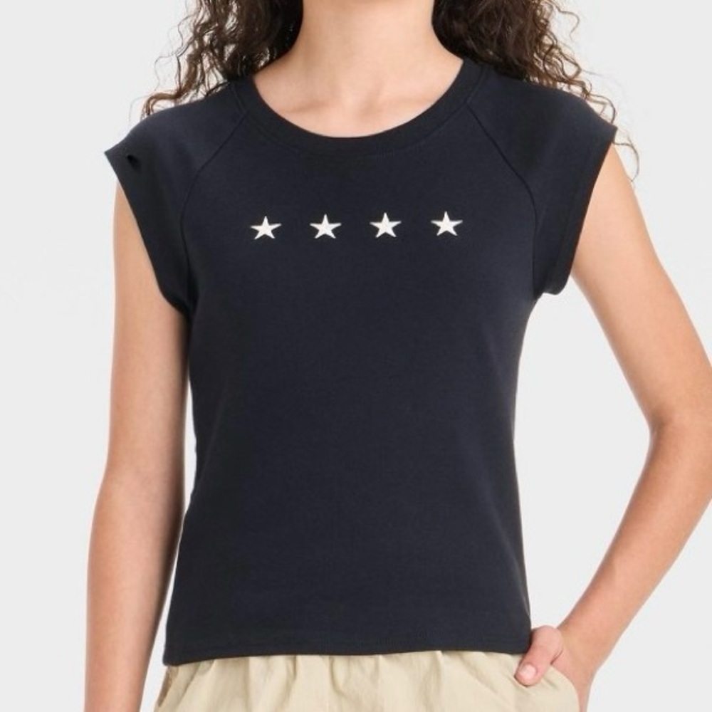 Size M 8 Girls Black Tee White Embroidered Stars Cap Sleeve New With Tags